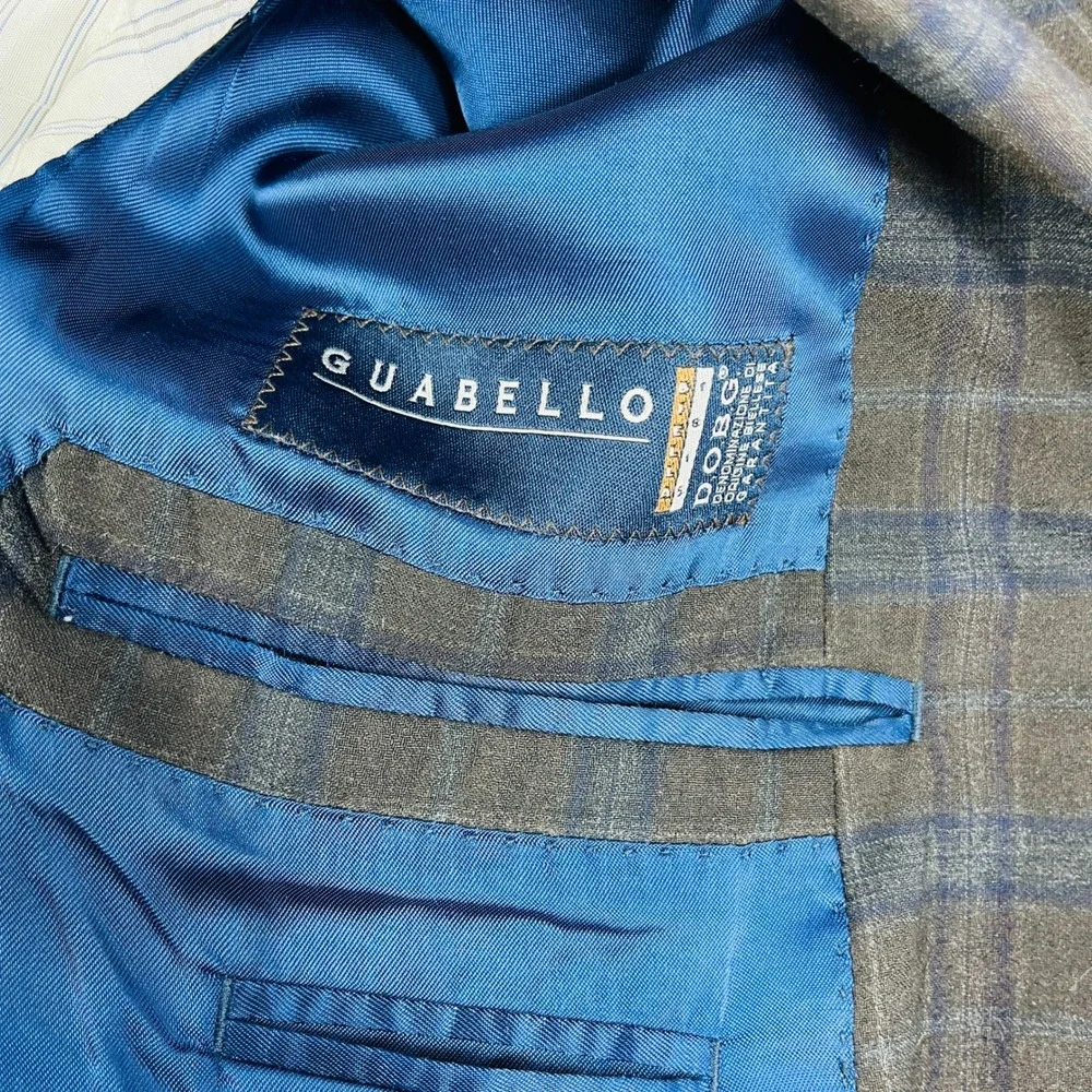 J. Hilburn Guabello Wool‎ Blazer Mens 45R Brown Blue Plaid Sport Coat Portugal